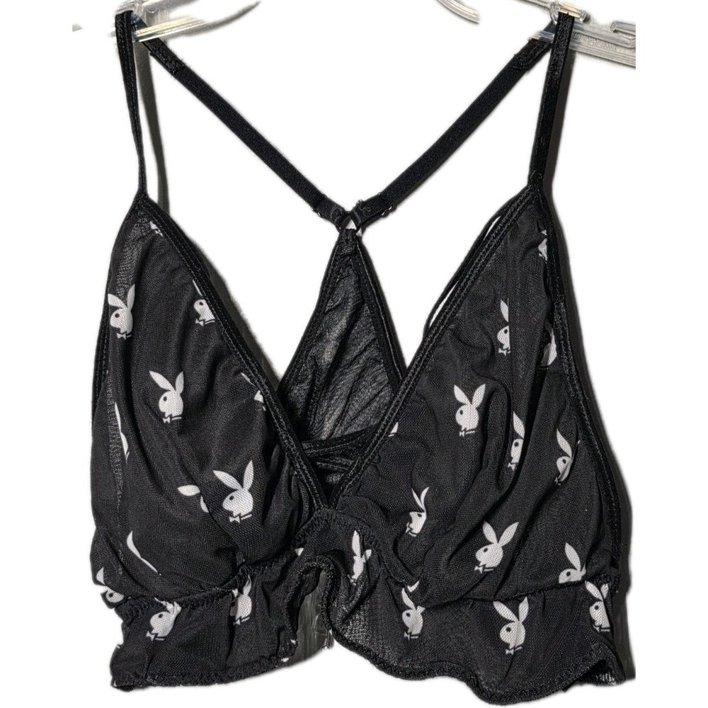 Playboy Bunny‎ Mesh Ruffled Hem Black Bra Bunny Logo Size L/XL